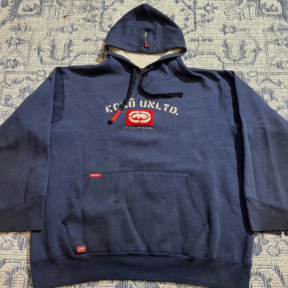 VTG Y2K Ecko UNLTD. Navy Blue and Red Graphic Hoodie SZ BOXY XL